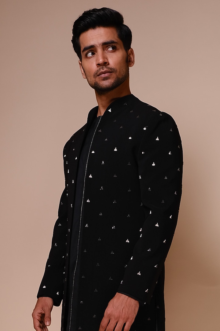 Black Embroidered Open Groom Indowestern Set by TISASTUDIO at Pernia's Pop Up Shop