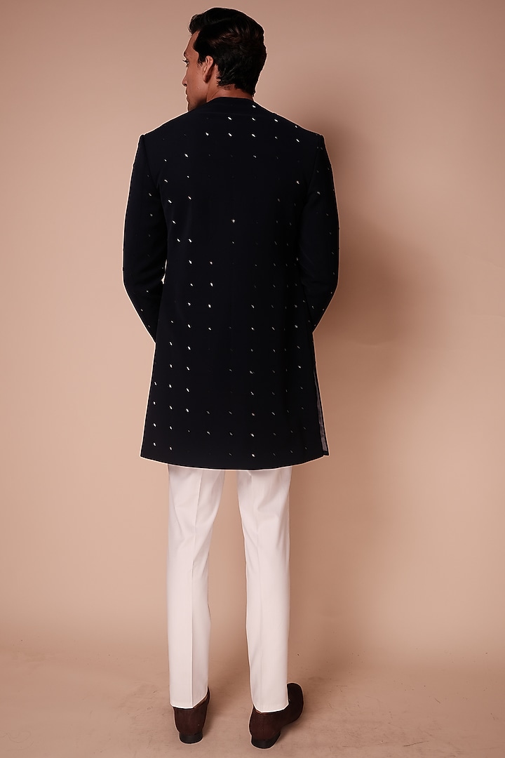 Midnight Blue Embroidered Open Groom Indowestern Set by TISASTUDIO at Pernia's Pop Up Shop