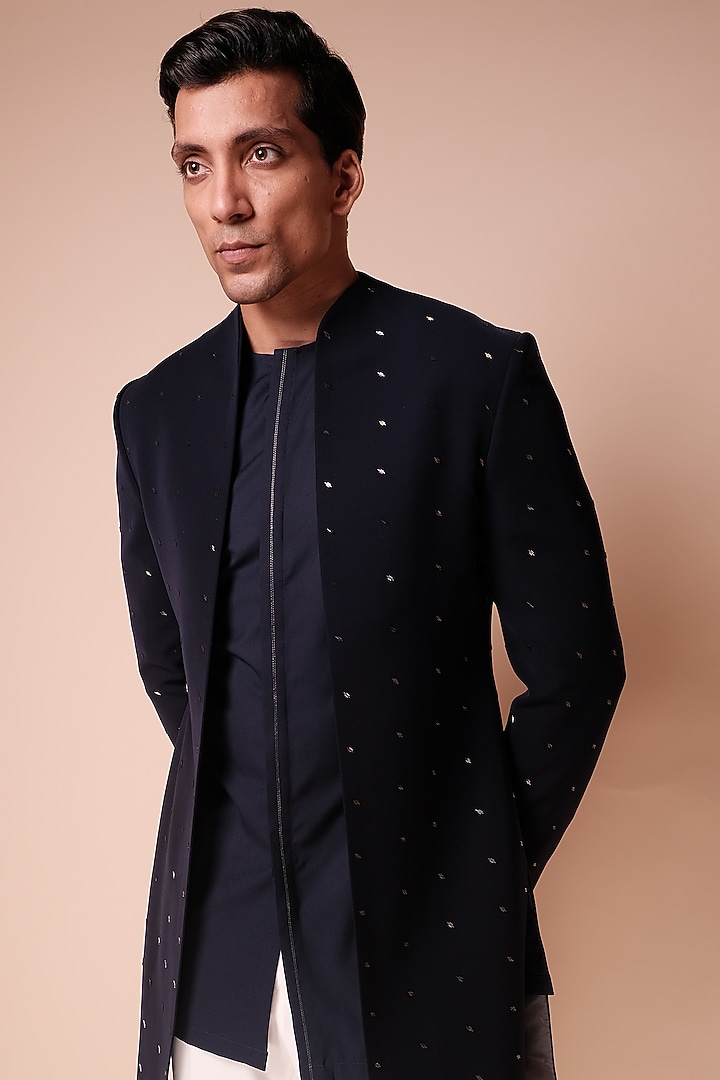 Midnight Blue Embroidered Open Groom Indowestern Set by TISASTUDIO at Pernia's Pop Up Shop