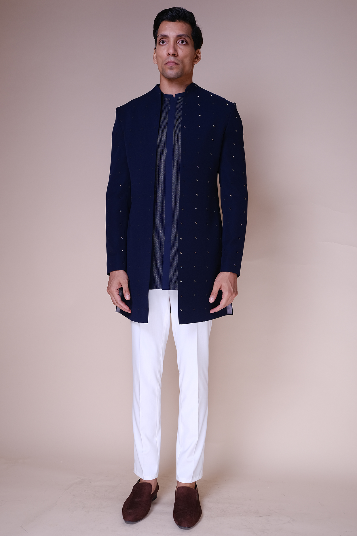 Midnight Blue Viscose Polyester Embroidered Groom Indowestern Set by TISASTUDIO at Pernia's Pop Up Shop