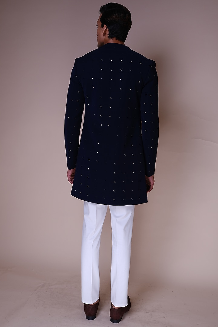 Midnight Blue Viscose Polyester Embroidered Groom Indowestern Set by TISASTUDIO at Pernia's Pop Up Shop