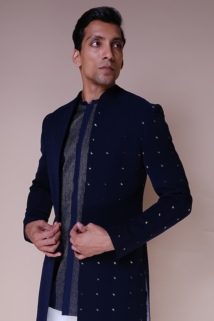 Midnight Blue Viscose Polyester Embroidered Groom Indowestern Set by TISASTUDIO at Pernia's Pop Up Shop