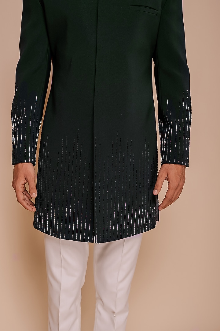 Bottle Green Embroidered Groom Indowestern Set by TISASTUDIO at Pernia's Pop Up Shop