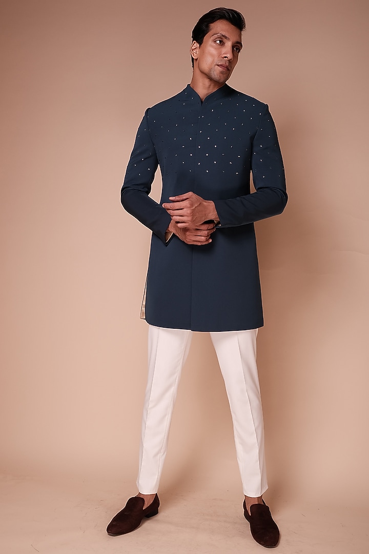 Blue Motif Embroidered Groom Indowestern Set by TISASTUDIO at Pernia's Pop Up Shop