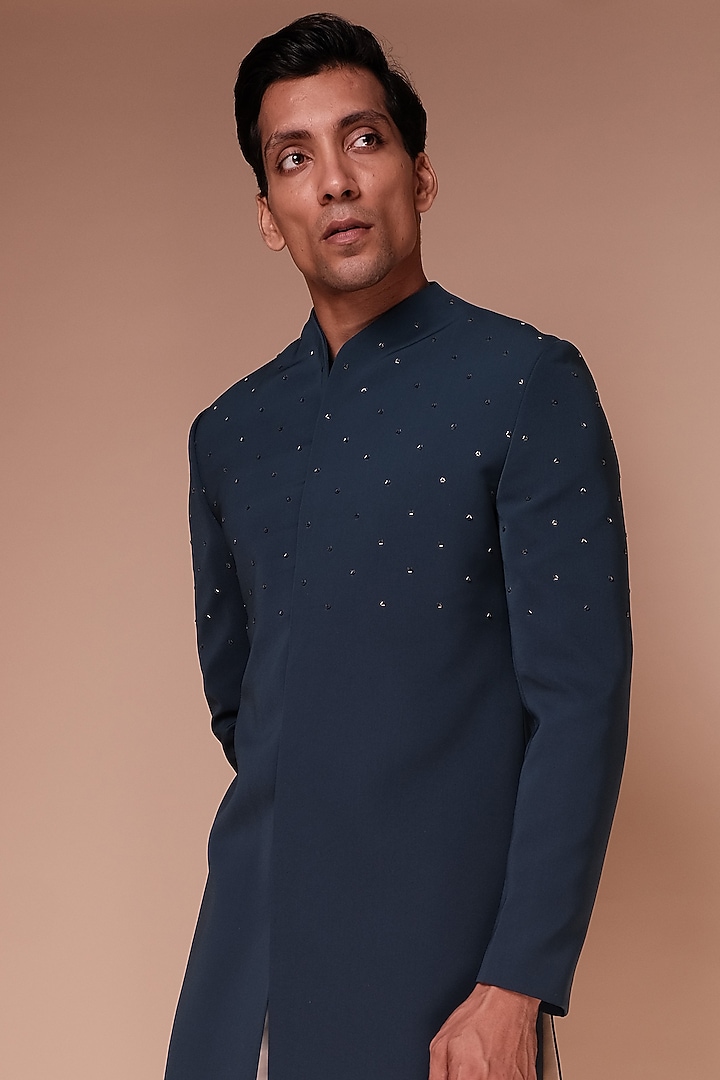 Blue Motif Embroidered Groom Indowestern Set by TISASTUDIO at Pernia's Pop Up Shop