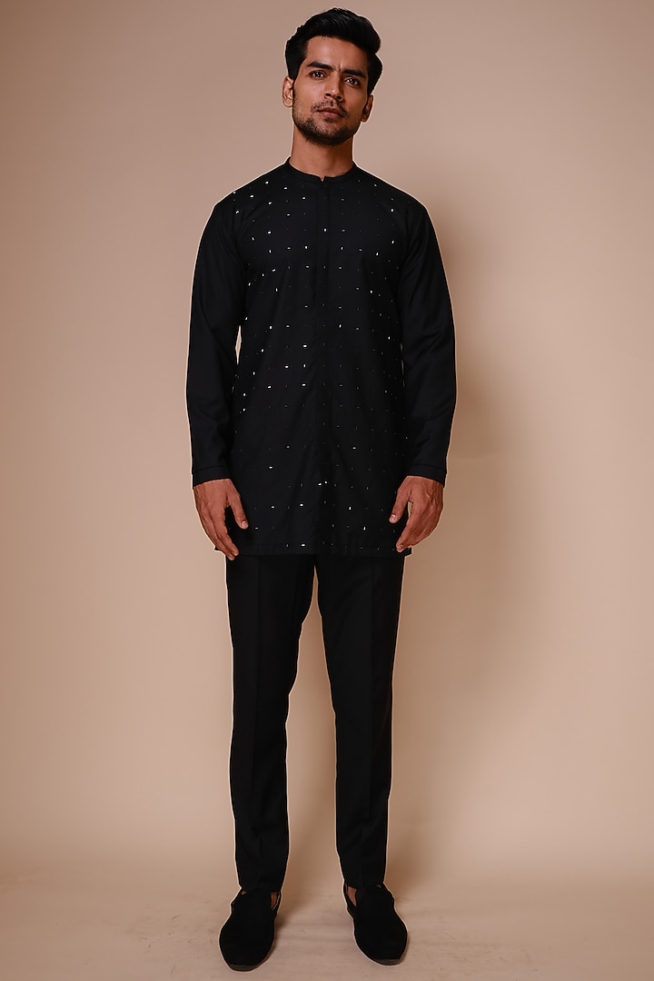 Black Motif Embroidered Groom Indowestern Set by TISASTUDIO at Pernia's Pop Up Shop