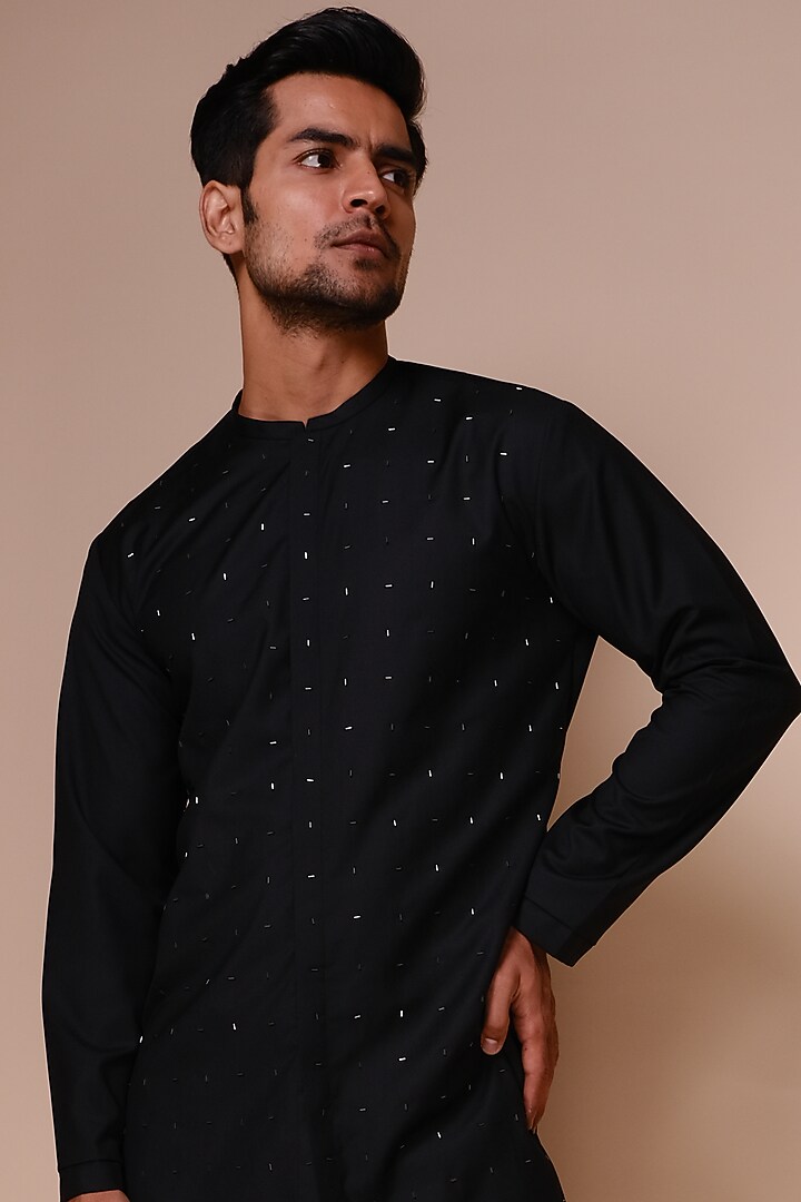 Black Motif Embroidered Groom Indowestern Set by TISASTUDIO at Pernia's Pop Up Shop