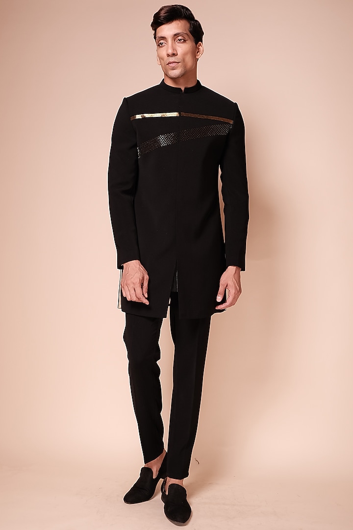 Black Viscose Polyester Gold Band Embroidered Wedding Indowestern Set
by TISASTUDIO at Pernia's Pop Up Shop