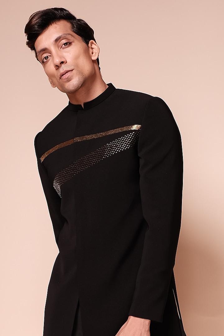Black Viscose Polyester Gold Band Embroidered Wedding Indowestern Set
by TISASTUDIO at Pernia's Pop Up Shop