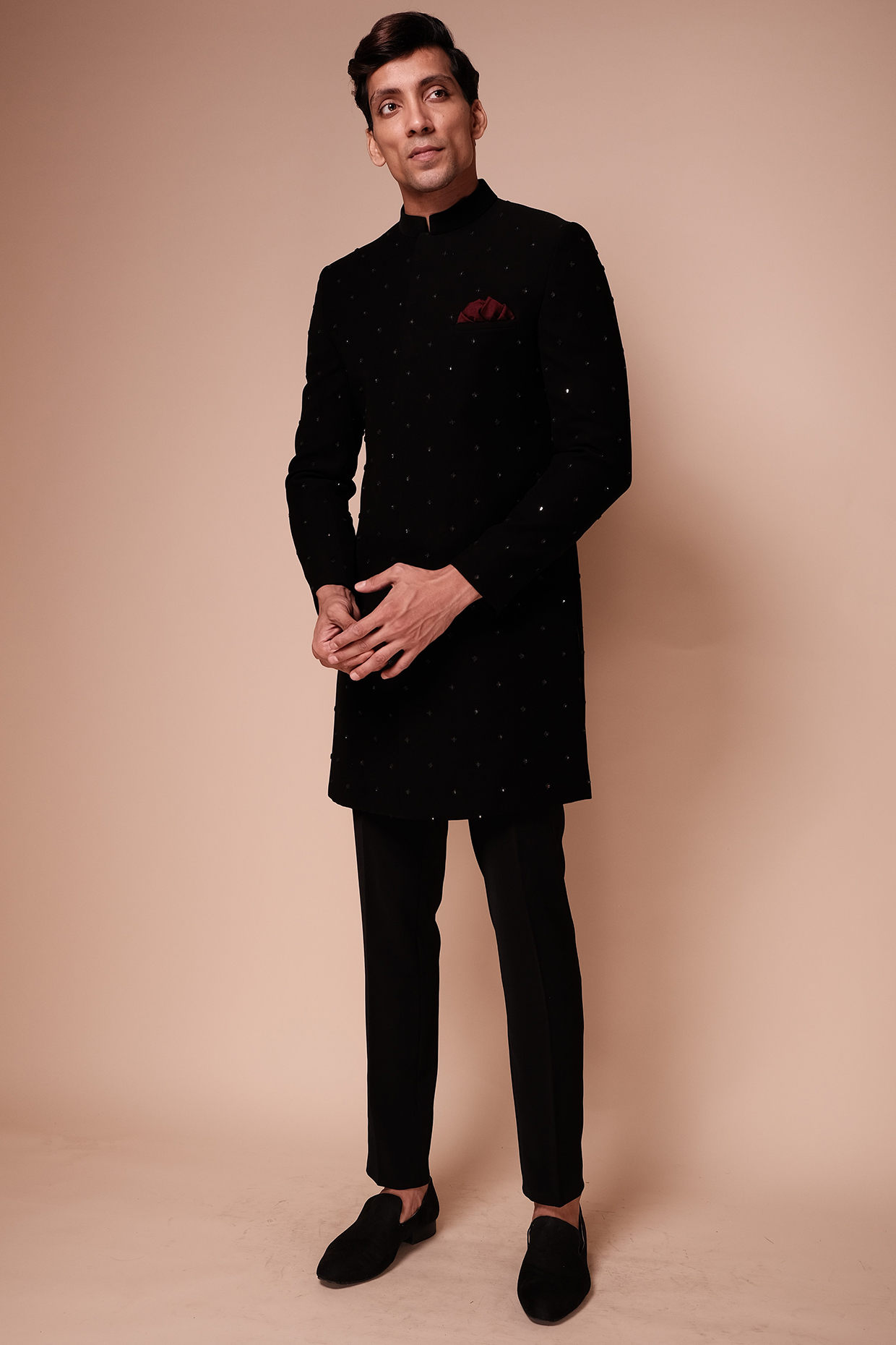 Black Viscose Polyester Motifs Embroidered Groom Sherwani Set by TISASTUDIO at Pernia's Pop Up Shop