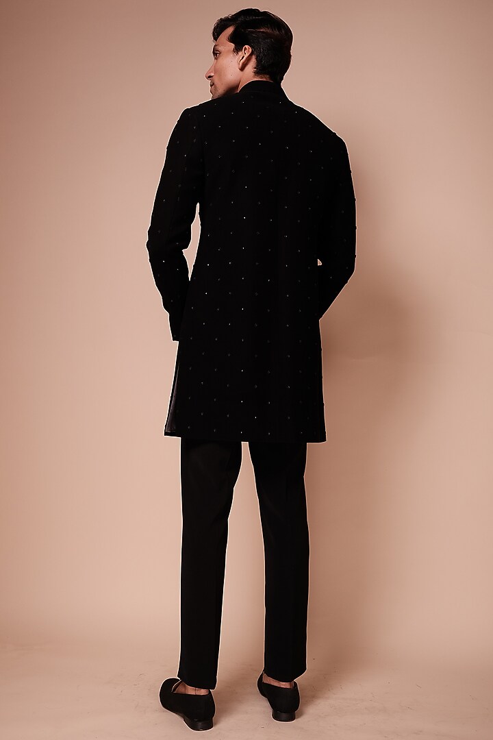 Black Viscose Polyester Motifs Embroidered Groom Sherwani Set by TISASTUDIO at Pernia's Pop Up Shop