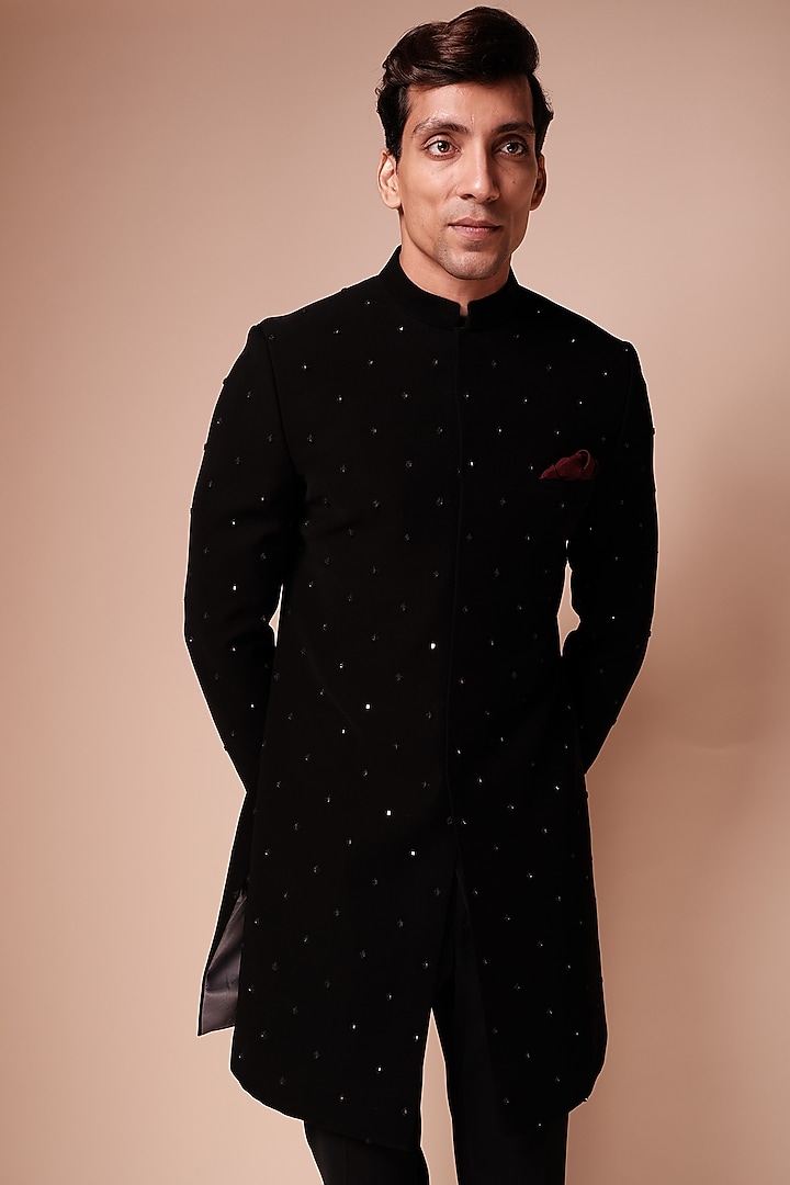 Black Viscose Polyester Motifs Embroidered Groom Sherwani Set by TISASTUDIO at Pernia's Pop Up Shop