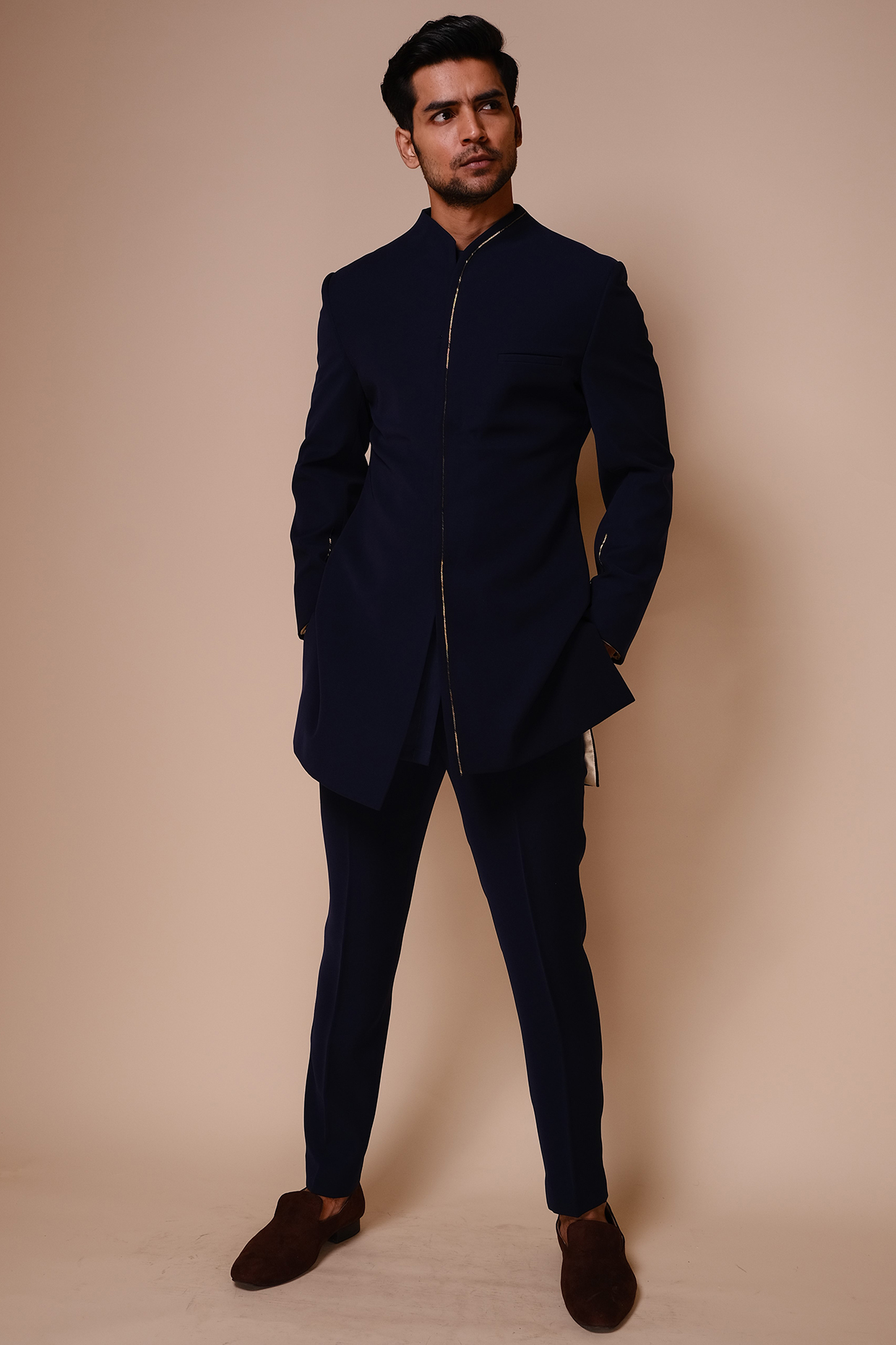 Midnight Blue Viscose Polyester Gold Embroidered Wedding Indowestern Set  by TISASTUDIO at Pernia's Pop Up Shop