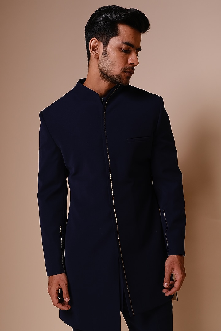 Midnight Blue Viscose Polyester Gold Embroidered Wedding Indowestern Set by TISASTUDIO at Pernia's Pop Up Shop