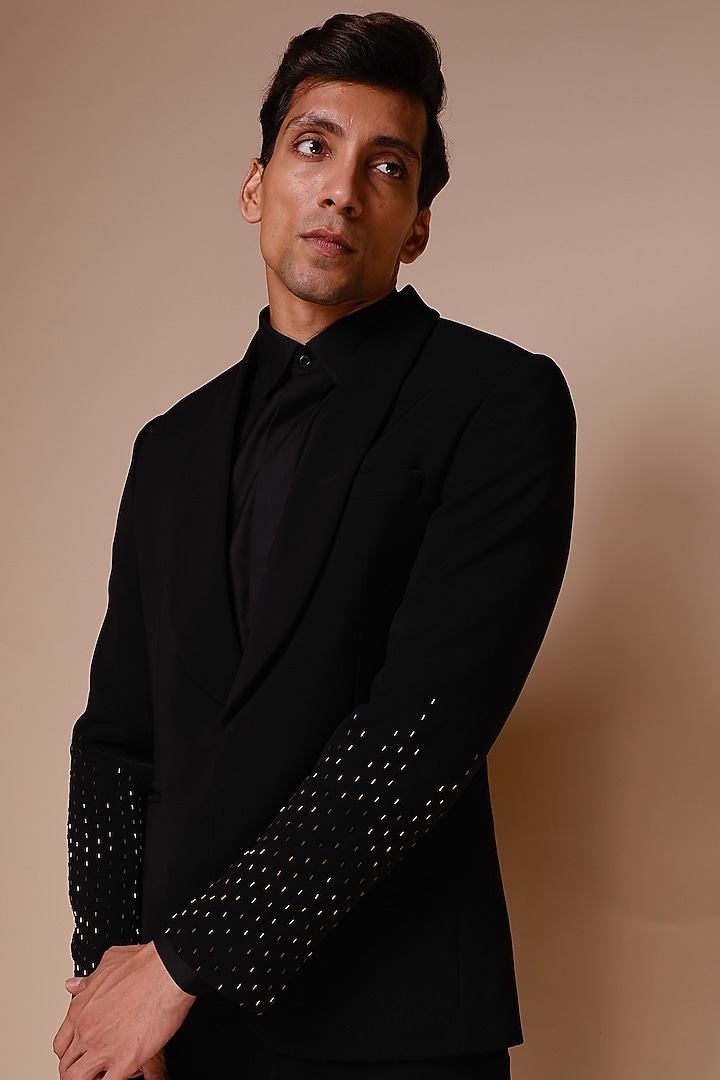Black Embroidered Tuxedo Set by TISASTUDIO at Pernia's Pop Up Shop