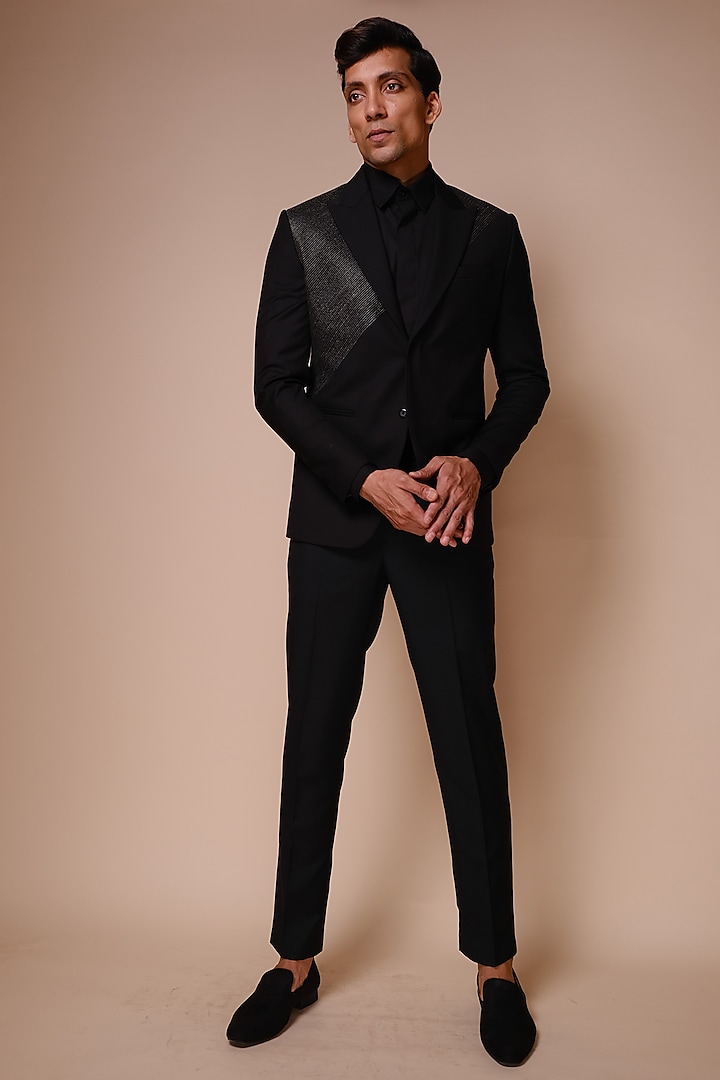 Black Terry Rayon Textured Tuxedo Set by TISASTUDIO