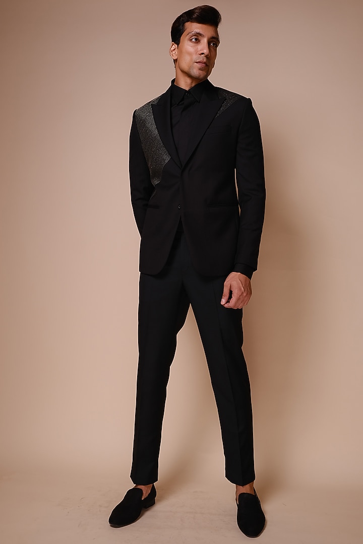 Black Terry Rayon Textured Tuxedo Set by TISASTUDIO at Pernia's Pop Up Shop