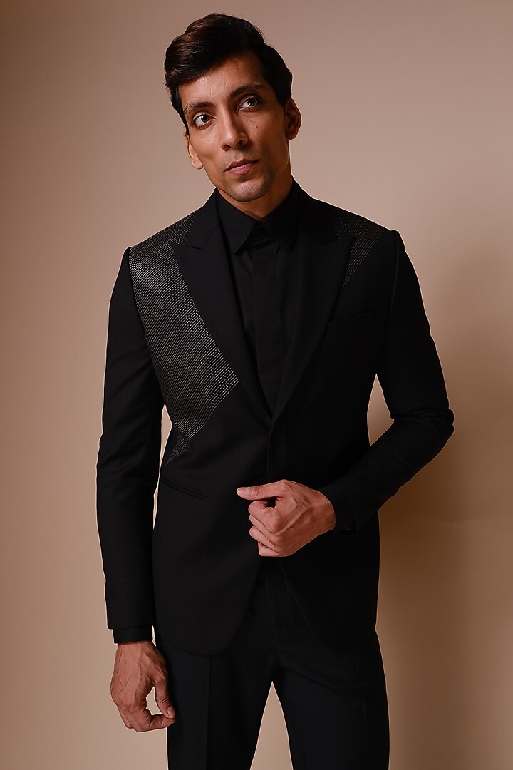 Black Terry Rayon Textured Tuxedo Set by TISASTUDIO at Pernia's Pop Up Shop