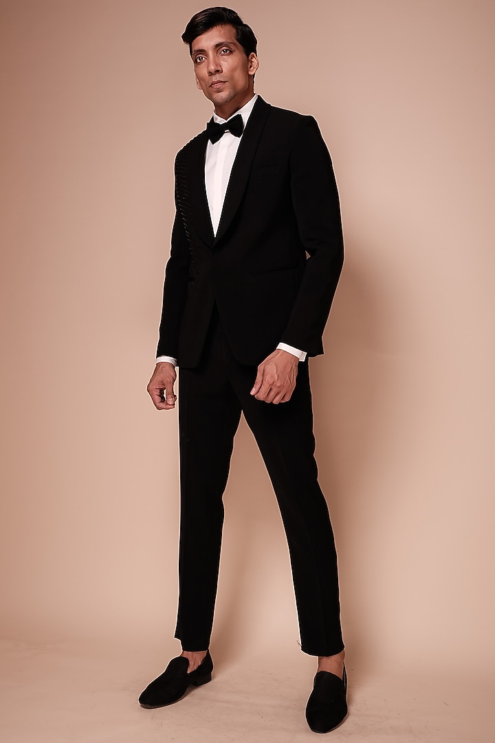 Black Viscose Polyester Embroidered Tuxedo Set by TISASTUDIO at Pernia's Pop Up Shop