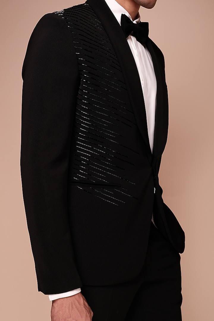 Black Viscose Polyester Embroidered Tuxedo Set by TISASTUDIO at Pernia's Pop Up Shop