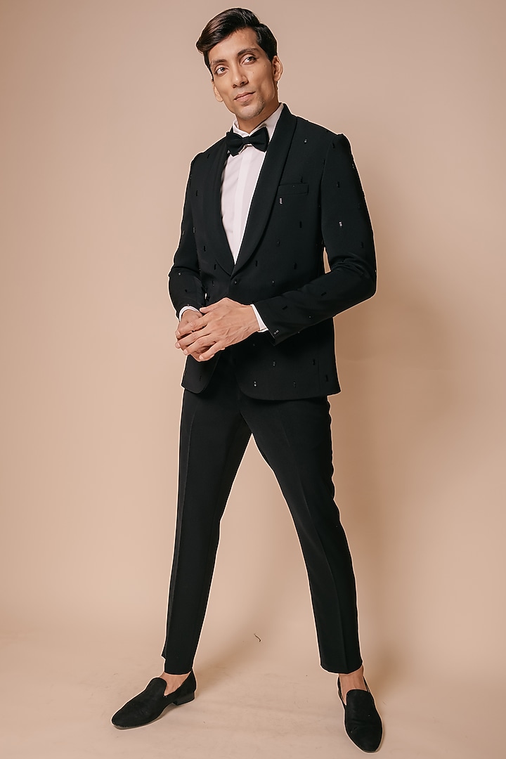 Black Motif Embroidered Tuxedo Set by TISASTUDIO at Pernia's Pop Up Shop