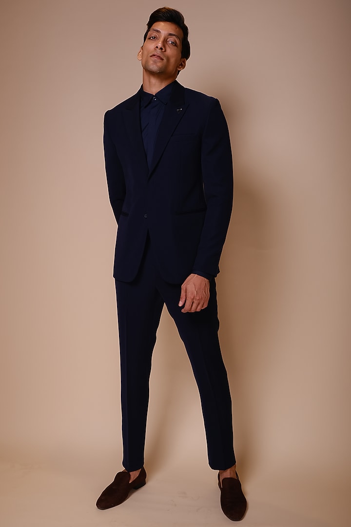 Midnight Blue Embroidered Tuxedo Set by TISASTUDIO at Pernia's Pop Up Shop