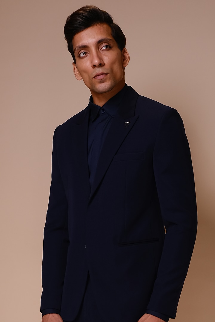 Midnight Blue Embroidered Tuxedo Set by TISASTUDIO at Pernia's Pop Up Shop