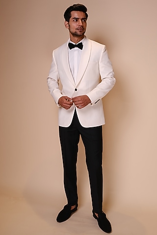 White Viscose Polyester Tuxedo Set by TISASTUDIO