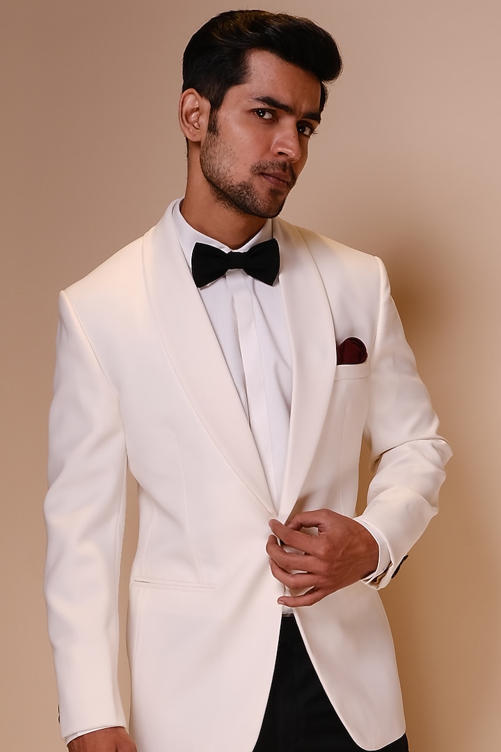 White Viscose Polyester Tuxedo Set by TISASTUDIO at Pernia's Pop Up Shop