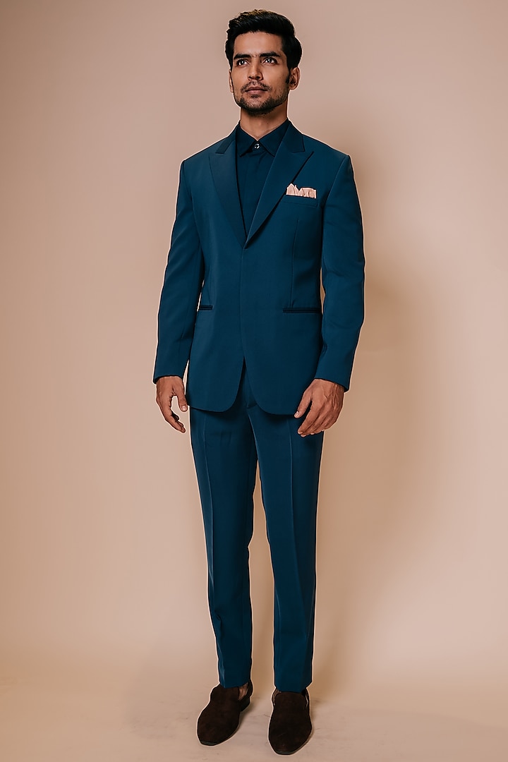Teal Blue Embroidered Tuxedo Set by Tisa