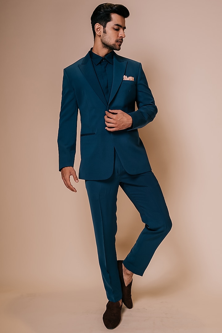 Teal Blue Embroidered Tuxedo Set by TISASTUDIO at Pernia's Pop Up Shop