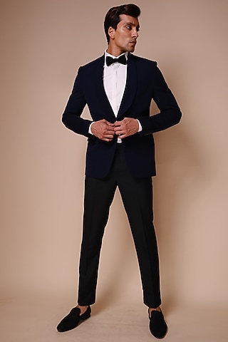 Blue Viscose Polyester Tuxedo Set by TISASTUDIO