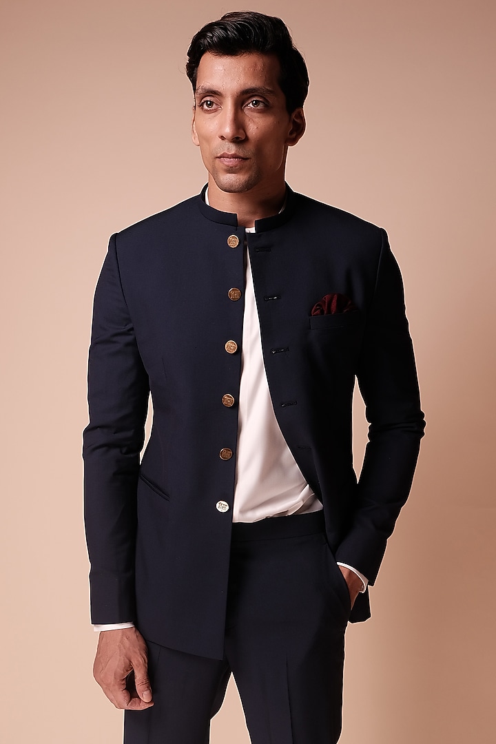 Midnight Blue Terry Rayon Wedding Bandhgala Set by TISASTUDIO at Pernia's Pop Up Shop