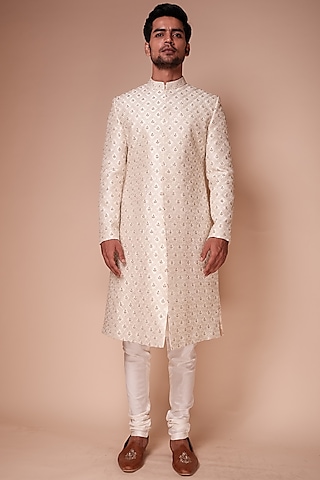 Ivory Embroidered Sherwani Set by TISASTUDIO
