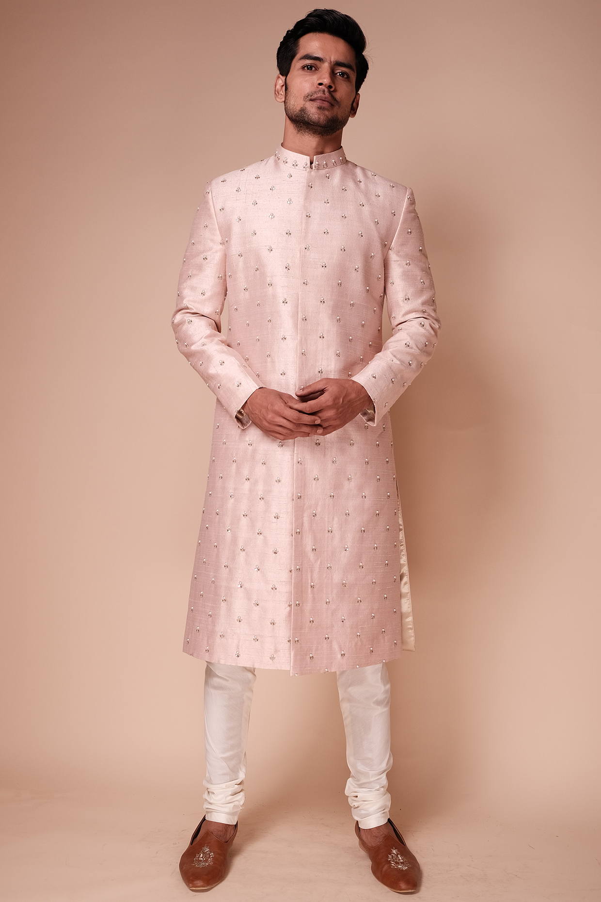 Light Pink Raw Silk Pearl Motif Embroidered Sherwani Set by TISASTUDIO