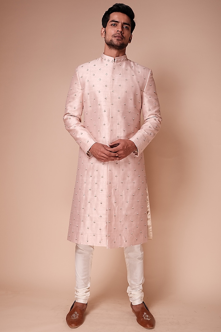 Light Pink Raw Silk Embroidered Sherwani Set by TISASTUDIO