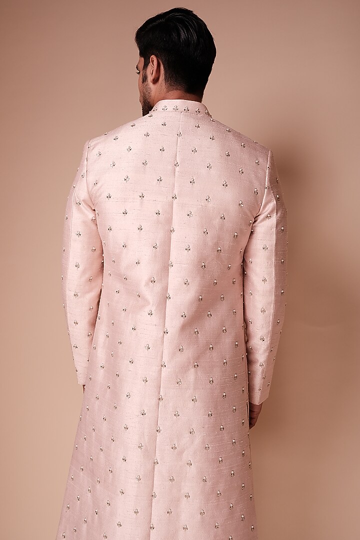 Light Pink Raw Silk Pearl Motif Embroidered Groom Sherwani Set by TISASTUDIO at Pernia's Pop Up Shop