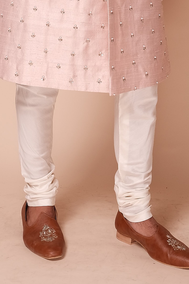Light Pink Raw Silk Pearl Motif Embroidered Groom Sherwani Set by TISASTUDIO at Pernia's Pop Up Shop
