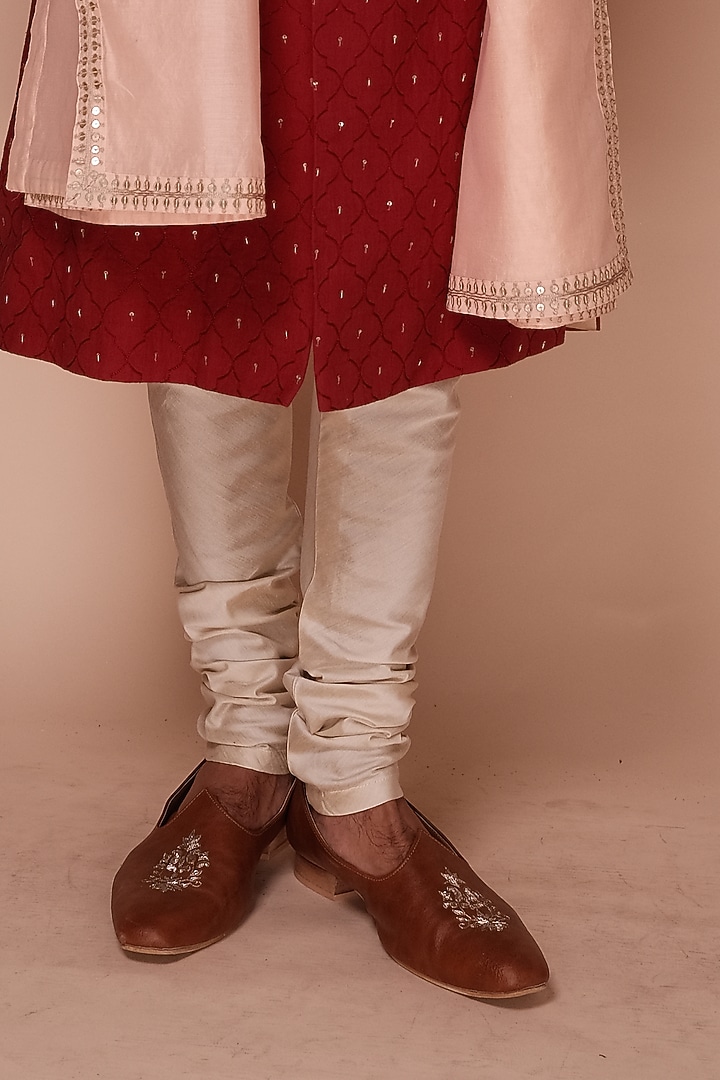 Deep Red Organic Cotton Jaal & Motif Embroidered Groom Sherwani Set by TISASTUDIO at Pernia's Pop Up Shop
