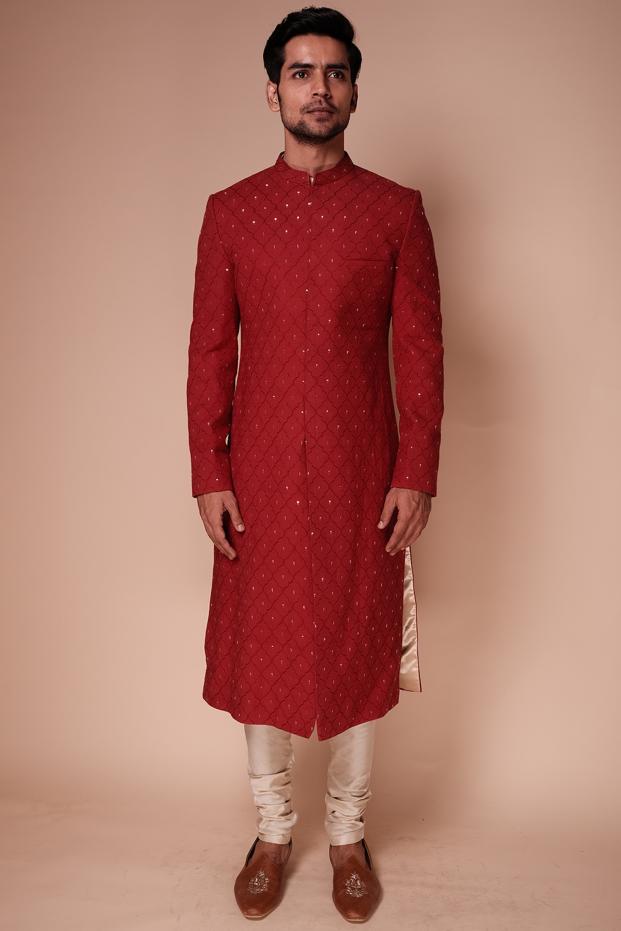 Deep Red Cotton Embroidered Sherwani Set by TISASTUDIO