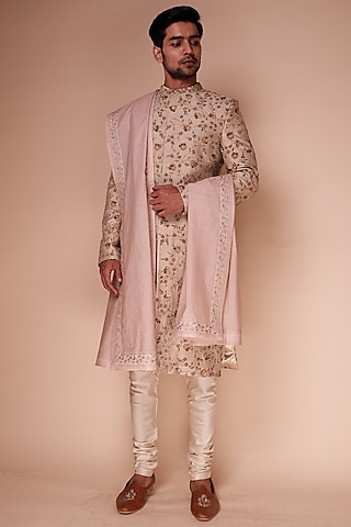 Stone Beige Raw Silk Floral Embroidered Sherwani Set by TISASTUDIO