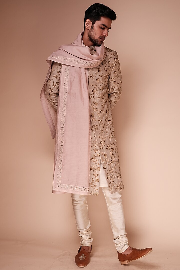 Stone Beige Raw Silk Floral Embroidered Groom Sherwani Set by TISASTUDIO at Pernia's Pop Up Shop