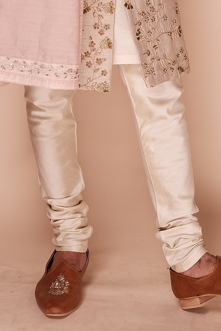 Stone Beige Raw Silk Floral Embroidered Groom Sherwani Set by TISASTUDIO at Pernia's Pop Up Shop