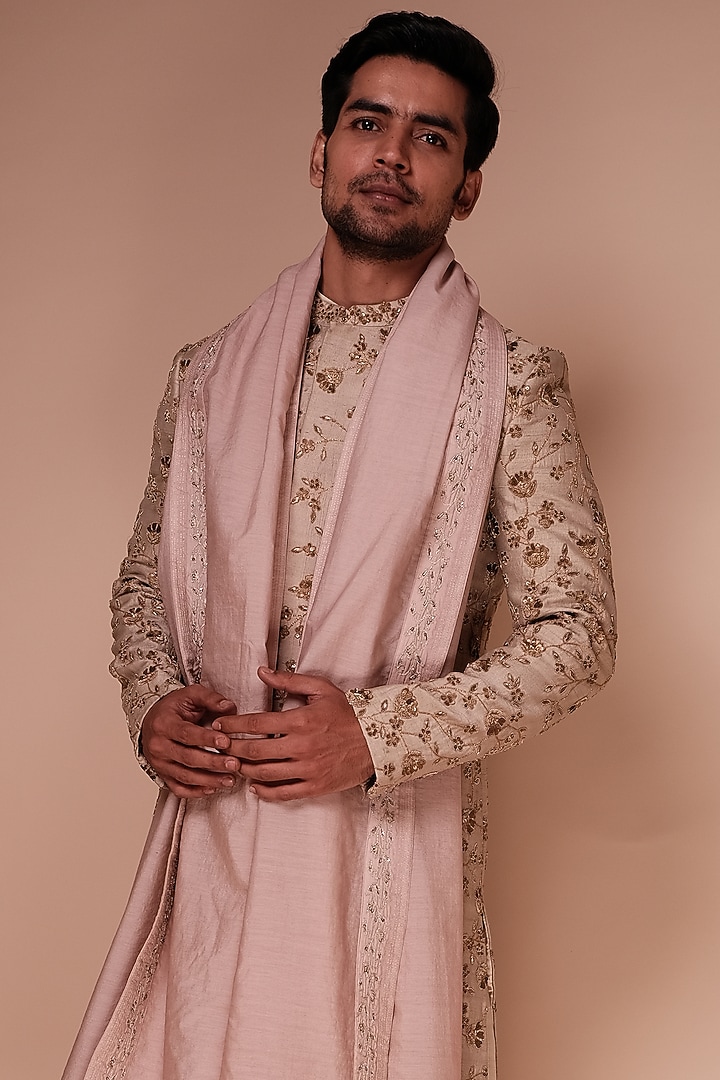 Stone Beige Raw Silk Floral Embroidered Groom Sherwani Set by TISASTUDIO at Pernia's Pop Up Shop