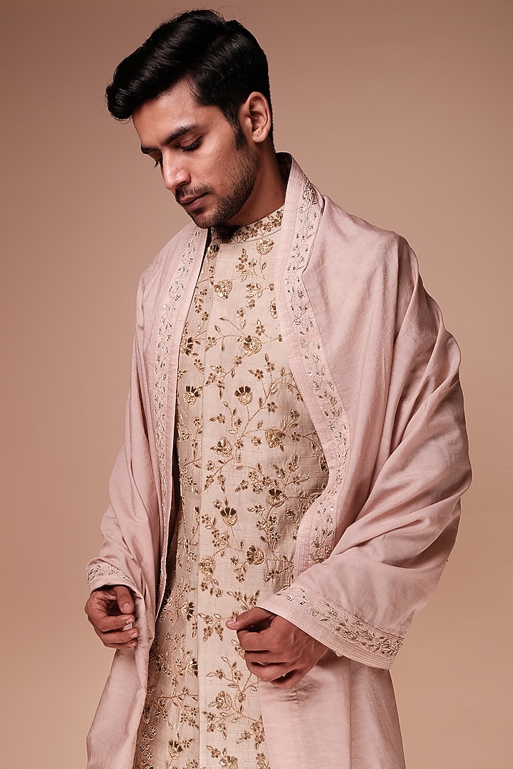 Stone Beige Raw Silk Floral Embroidered Groom Sherwani Set by TISASTUDIO at Pernia's Pop Up Shop