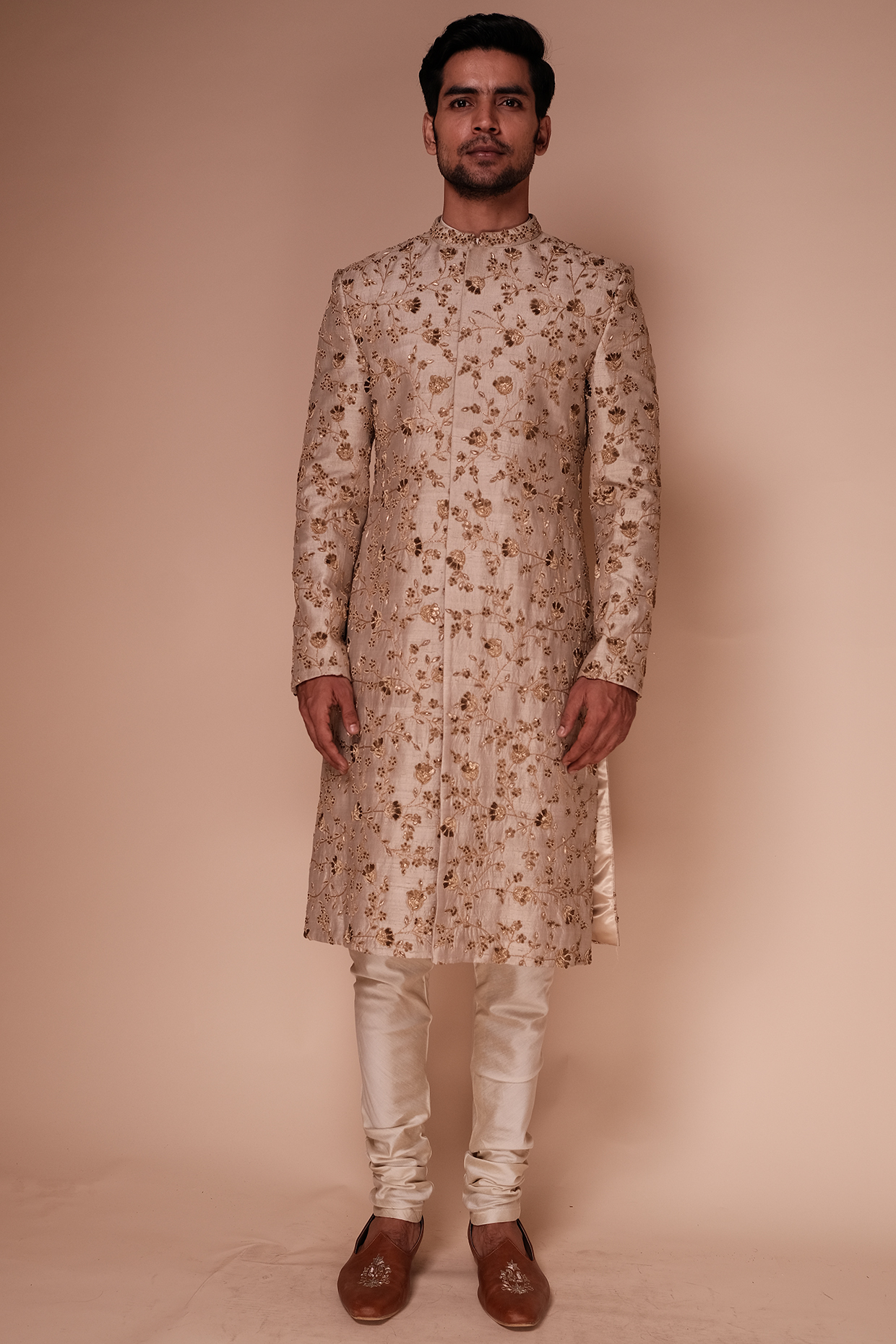 Stone Beige Raw Silk Floral Embroidered Sherwani Set by TISASTUDIO
