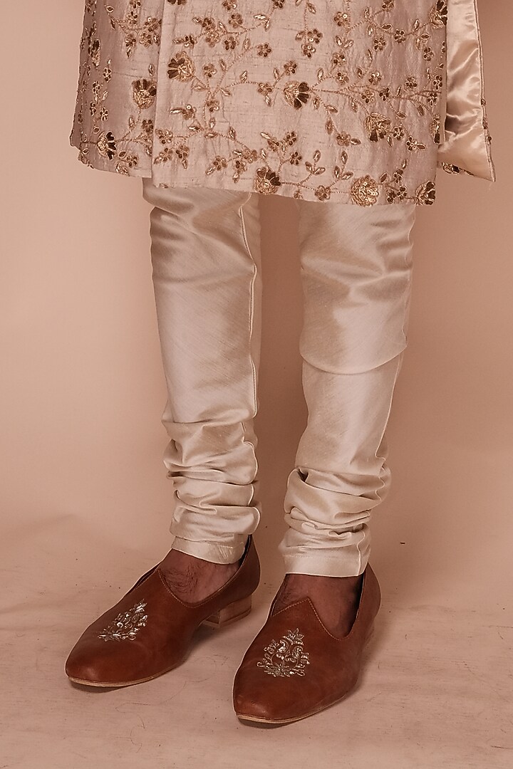 Stone Beige Raw Silk Floral Embroidered Groom Sherwani Set by TISASTUDIO at Pernia's Pop Up Shop