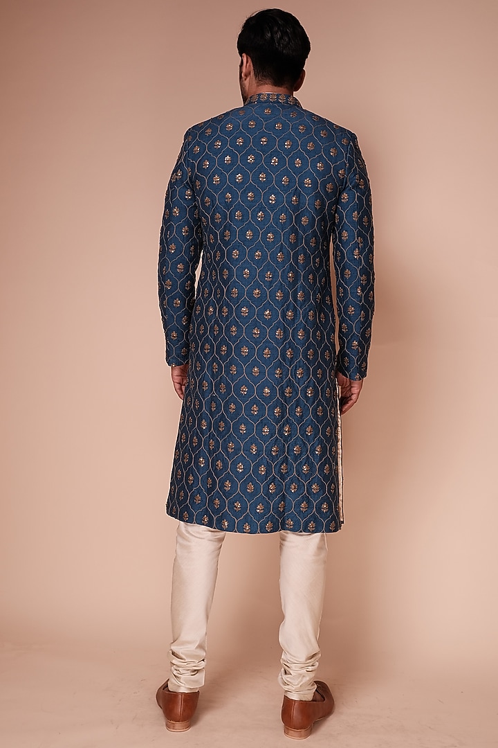 Teal Raw Silk Motif Embroidered Groom Sherwani Set by TISASTUDIO at Pernia's Pop Up Shop