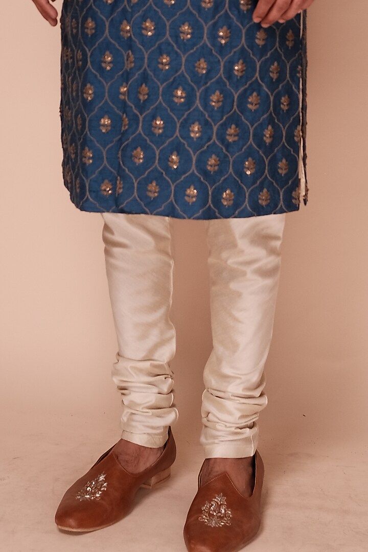 Teal Raw Silk Motif Embroidered Groom Sherwani Set by TISASTUDIO at Pernia's Pop Up Shop