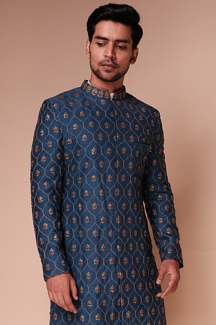 Teal Raw Silk Motif Embroidered Groom Sherwani Set by TISASTUDIO at Pernia's Pop Up Shop
